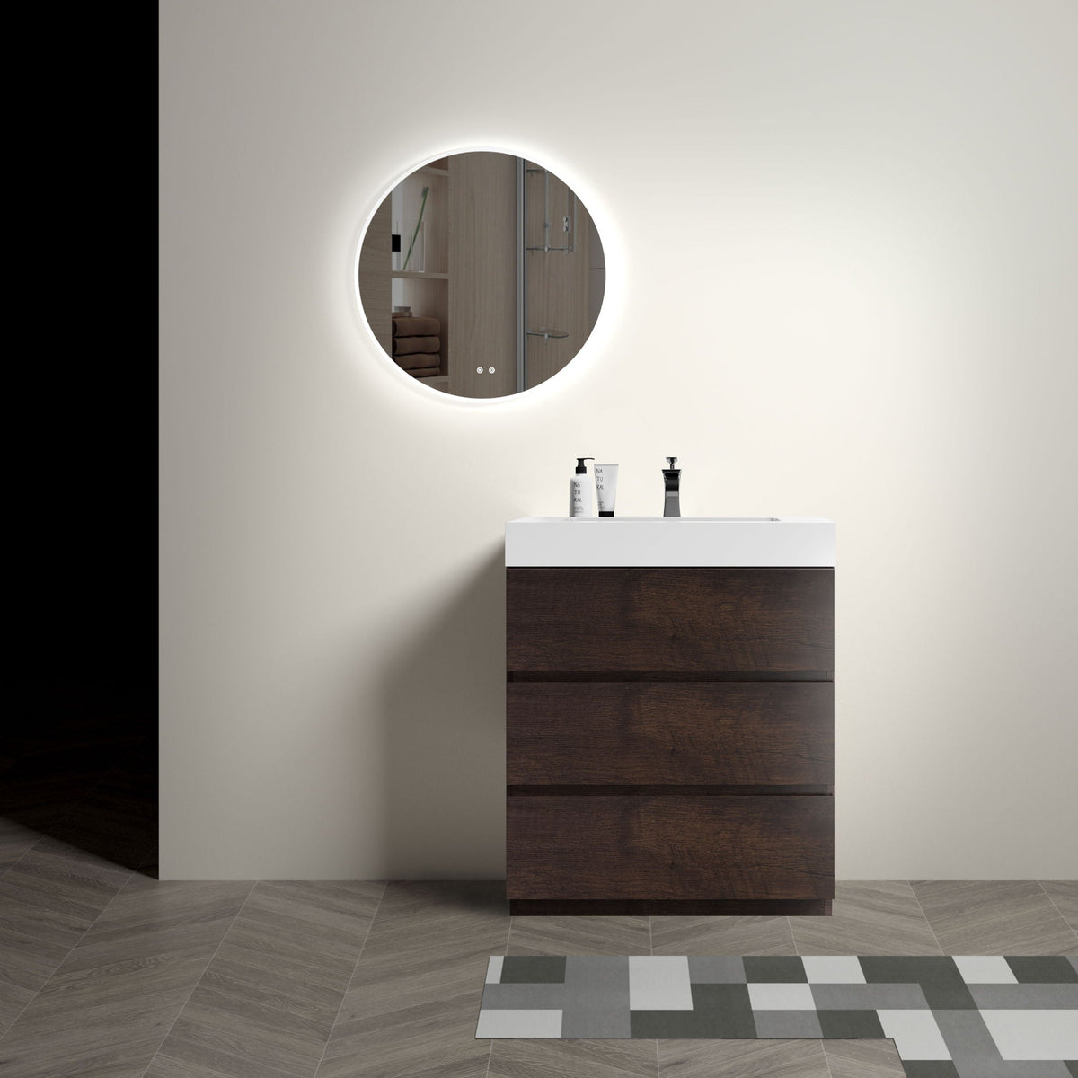 Alice bathroom vanity with large storage white sink dark wood cabinet round backlit mirror on Tampa Home & Garden Store
