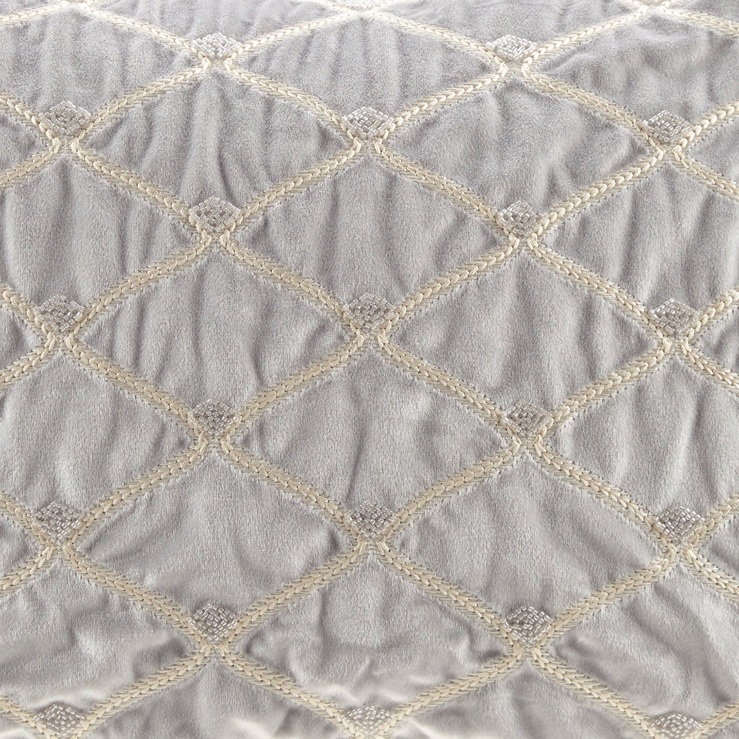 Oblong decor pillow silver 22x15in by HouseOfZazla with cream braided lattice trim on Tampa Home & Garden Store