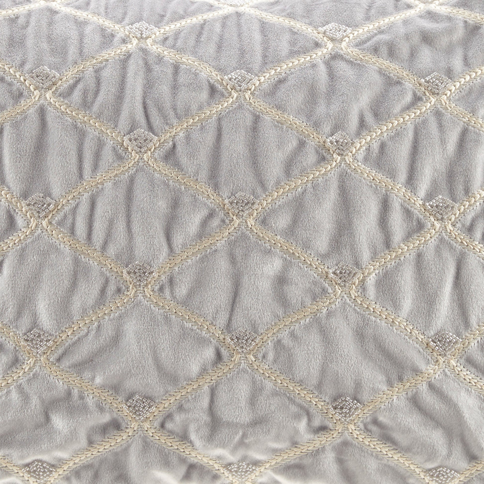 Oblong decor pillow silver 22x15in by HouseOfZazla with cream braided lattice trim on Tampa Home & Garden Store