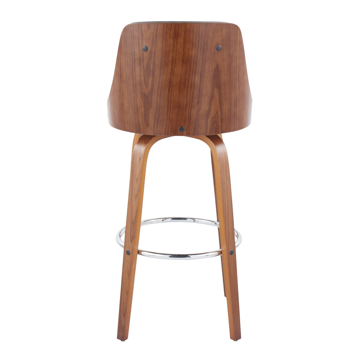 Swivel barstool with mid-century wood veneer backrest and round chrome footrest HouseOfZazla on Tampa Home & Garden Store