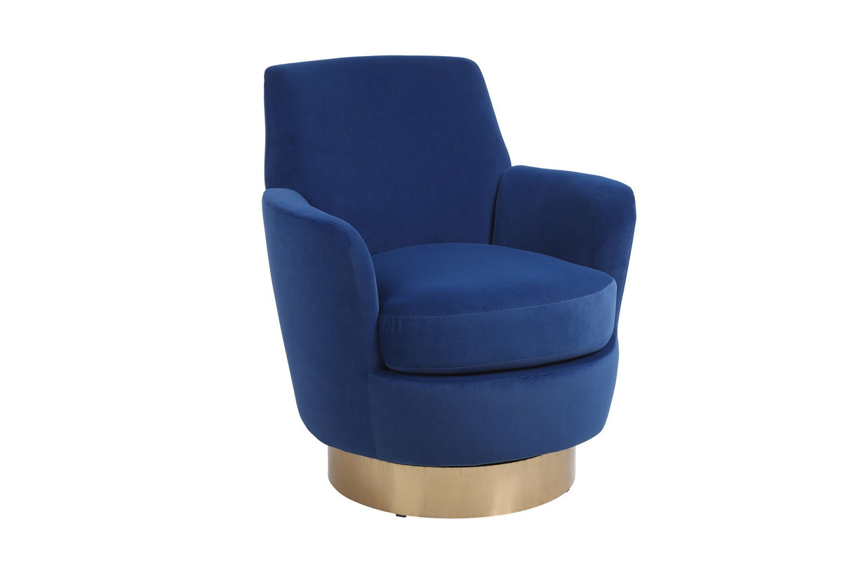 Teddy Swivel Barrel Chair blue velvet with brass pedestal base, living room swivel armchair on Tampa Home & Garden Store