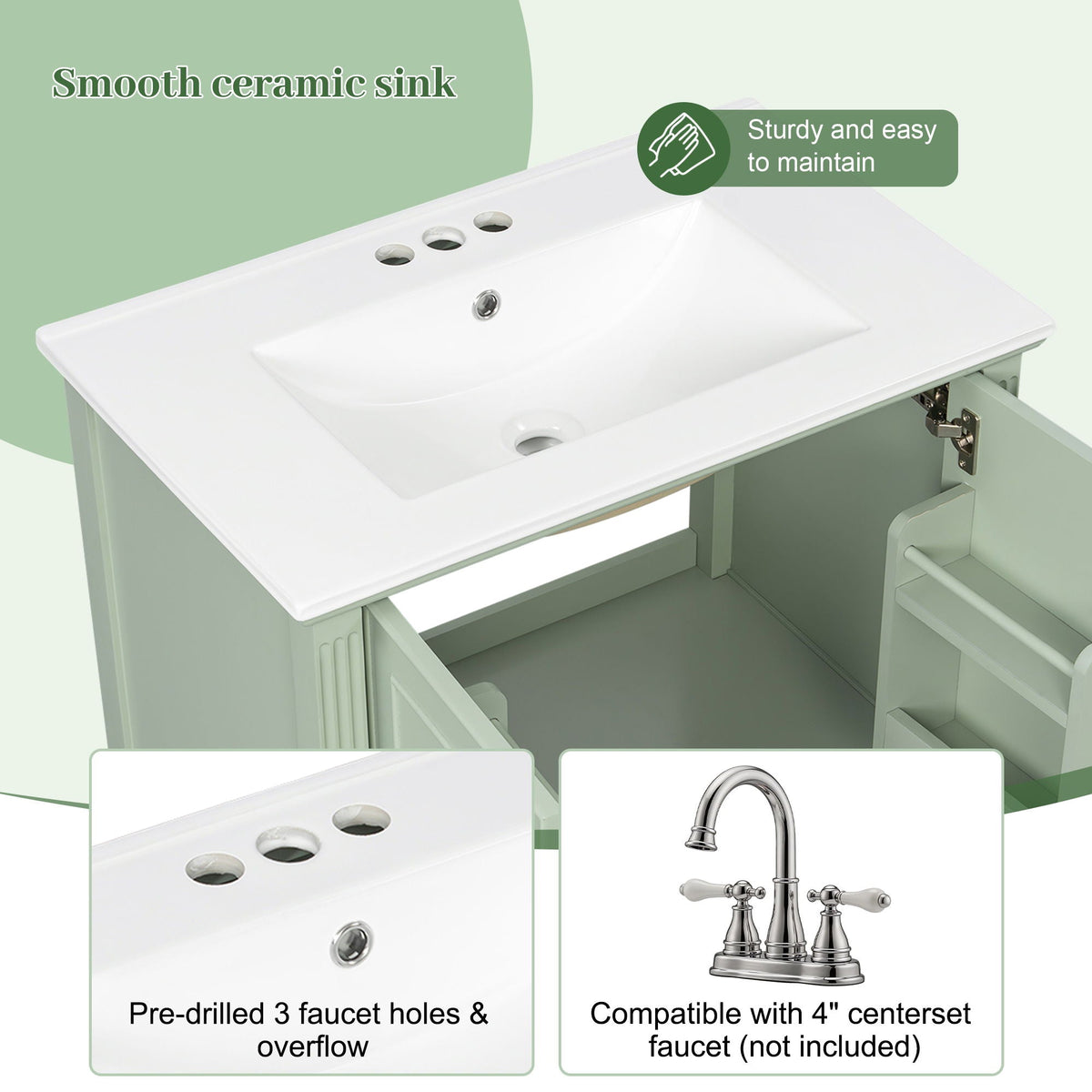 Freestanding vanity with green cabinet and white ceramic sink by HouseOfZazla on Tampa Home & Garden Store