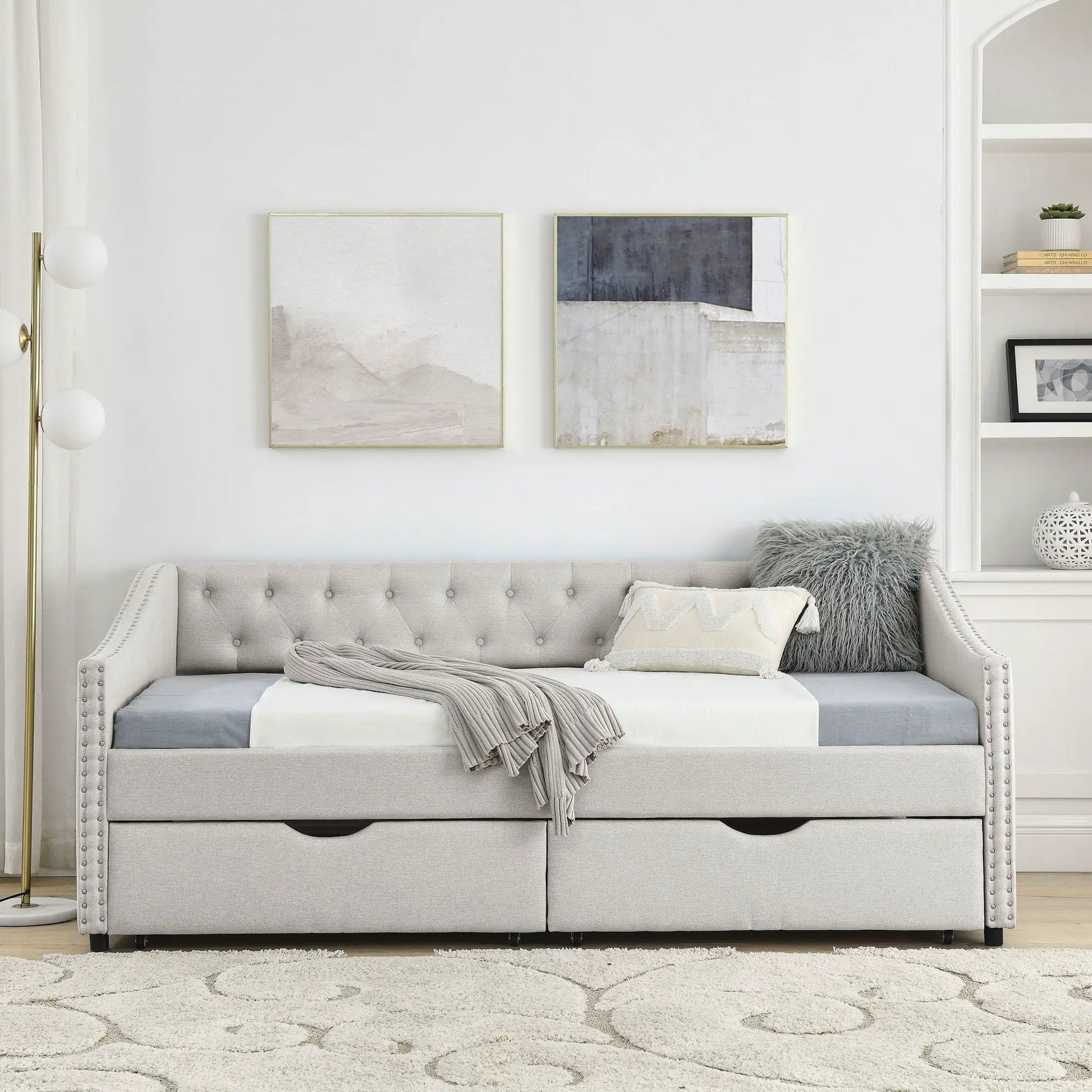 Upholstered tufted storage daybed with 2 drawers, light gray fabric, waved arms on Tampa Home & Garden Store