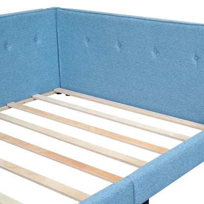 Blue upholstered platform bed headboard panel with tufted buttons and wooden slat base on Tampa Home & Garden Store