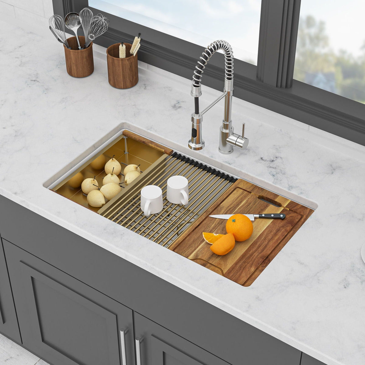 Quartz composite undermount kitchen sink workstation with chrome pull-down faucet on Tampa Home & Garden Store