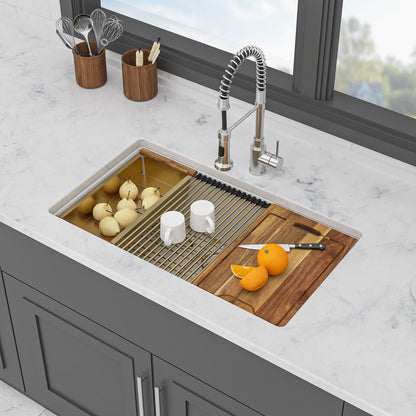 Quartz composite undermount kitchen sink workstation with chrome pull-down faucet on Tampa Home & Garden Store
