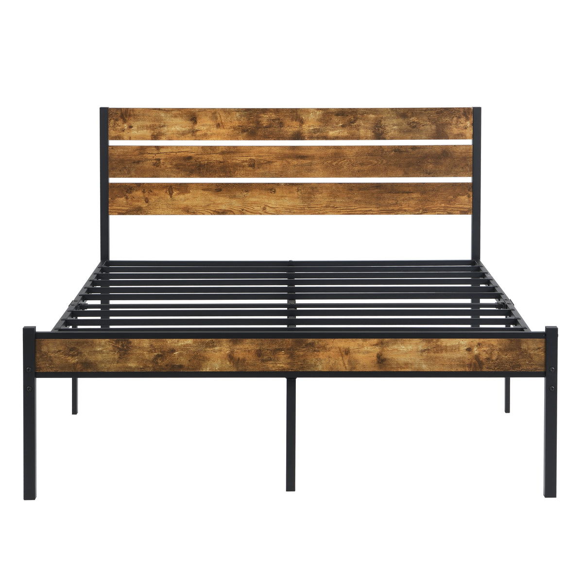 Full size bed frame with wood headboard by HouseOfZazla, brown panels and black metal frame on Tampa Home & Garden Store