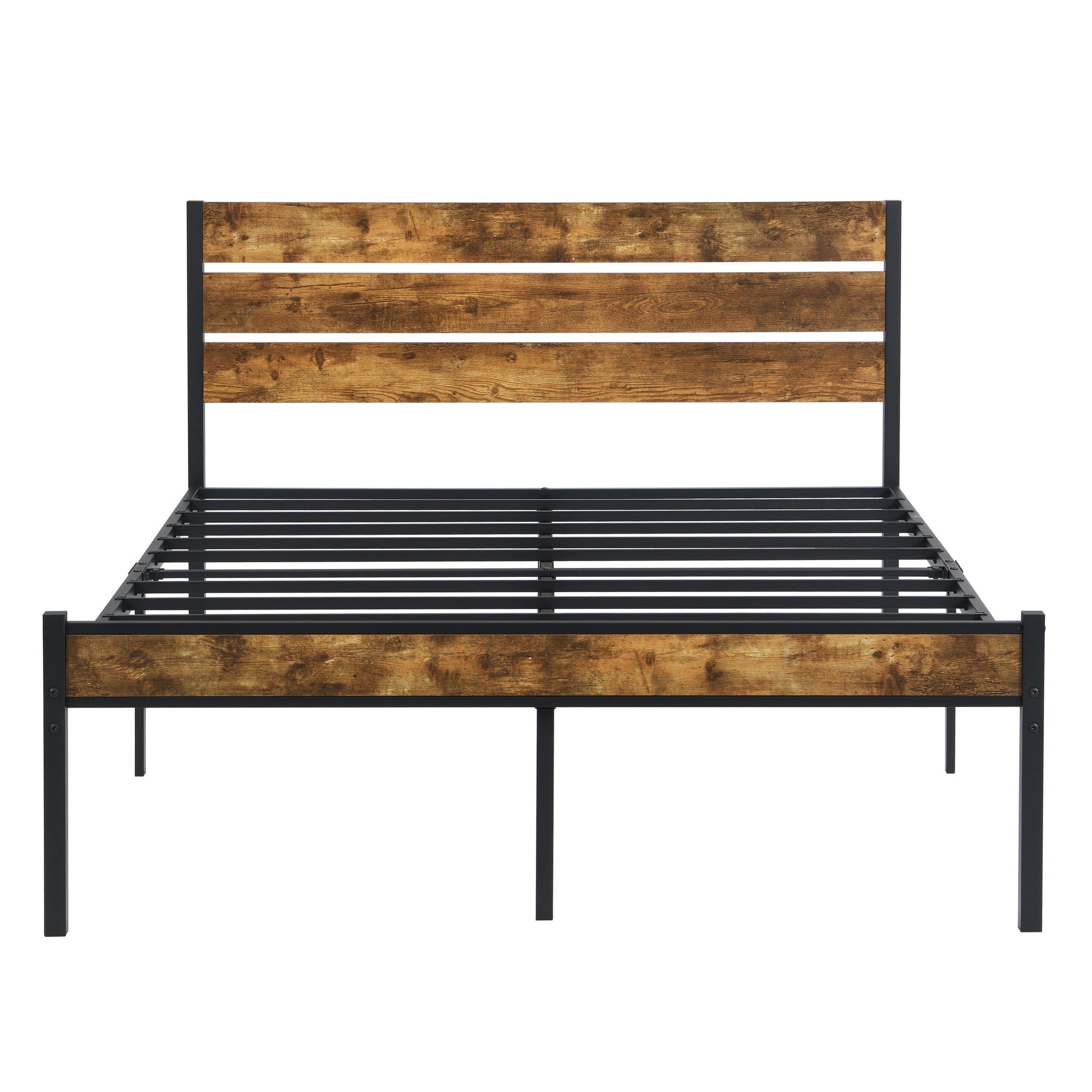 Full size bed frame with wood headboard by HouseOfZazla, brown panels and black metal frame on Tampa Home & Garden Store