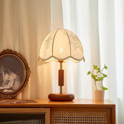 French retro fabric table lamp with cream floral shade and oak base on a wooden cabinet on Tampa Home & Garden Store