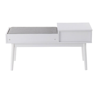 Contemporary white upholstered bench with gray cushion and pull-out storage drawer on Tampa Home & Garden Store