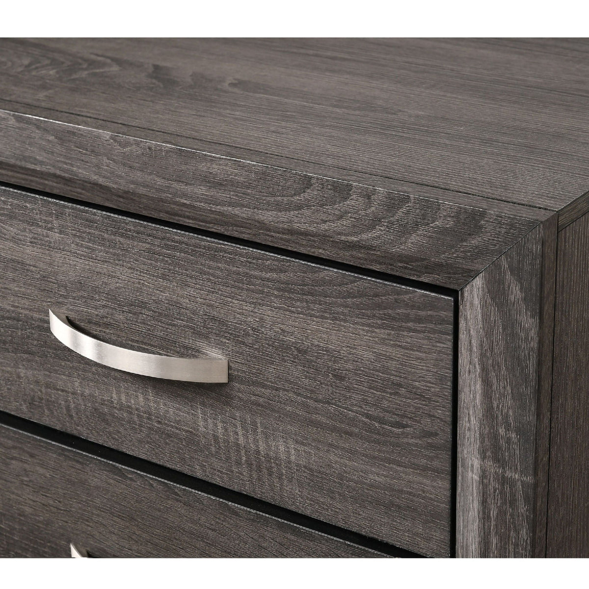 Contemporary five-drawer tall chest in dark gray wood grain with curved metal handles on Tampa Home & Garden Store