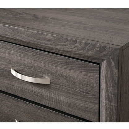 Contemporary five-drawer tall chest in dark gray wood grain with curved metal handles on Tampa Home & Garden Store