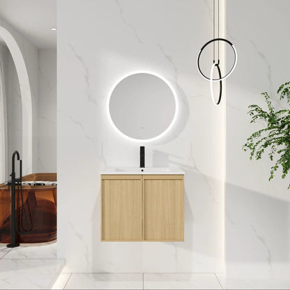 Floating bathroom vanity with sink in light oak, wall-mounted, black faucet, backlit mirror on Tampa Home & Garden Store