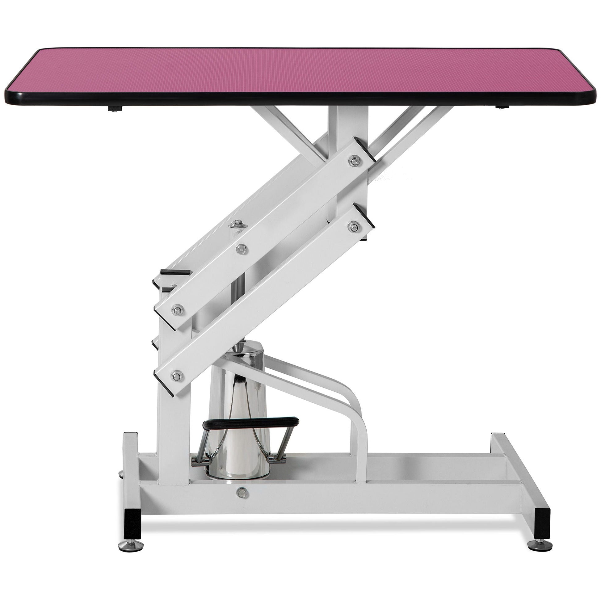 Hydraulic pet grooming table HouseOfZazla with pink top and silver scissor-lift base on Tampa Home & Garden Store