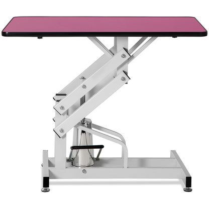 Hydraulic pet grooming table HouseOfZazla with pink top and silver scissor-lift base on Tampa Home & Garden Store