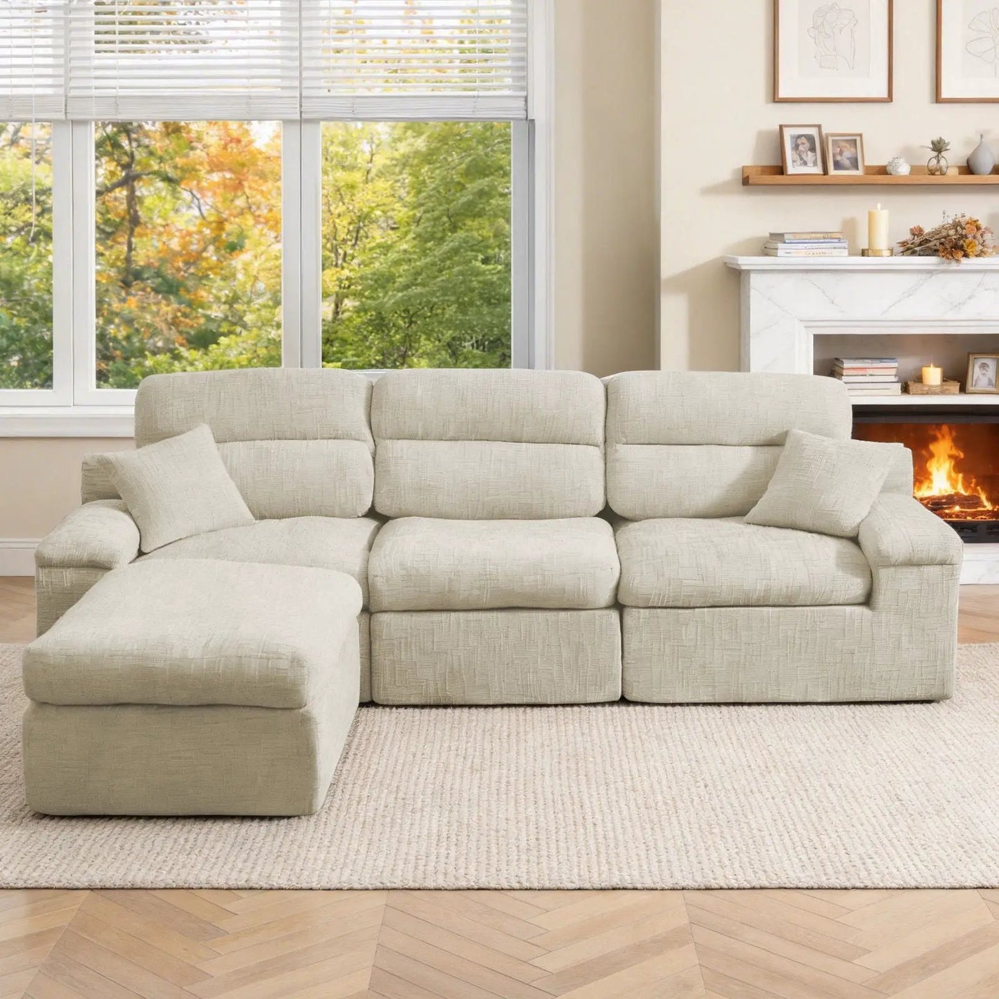 Corner chaise sofa with high backrest in beige fabric, 2-piece living room set on Tampa Home & Garden Store