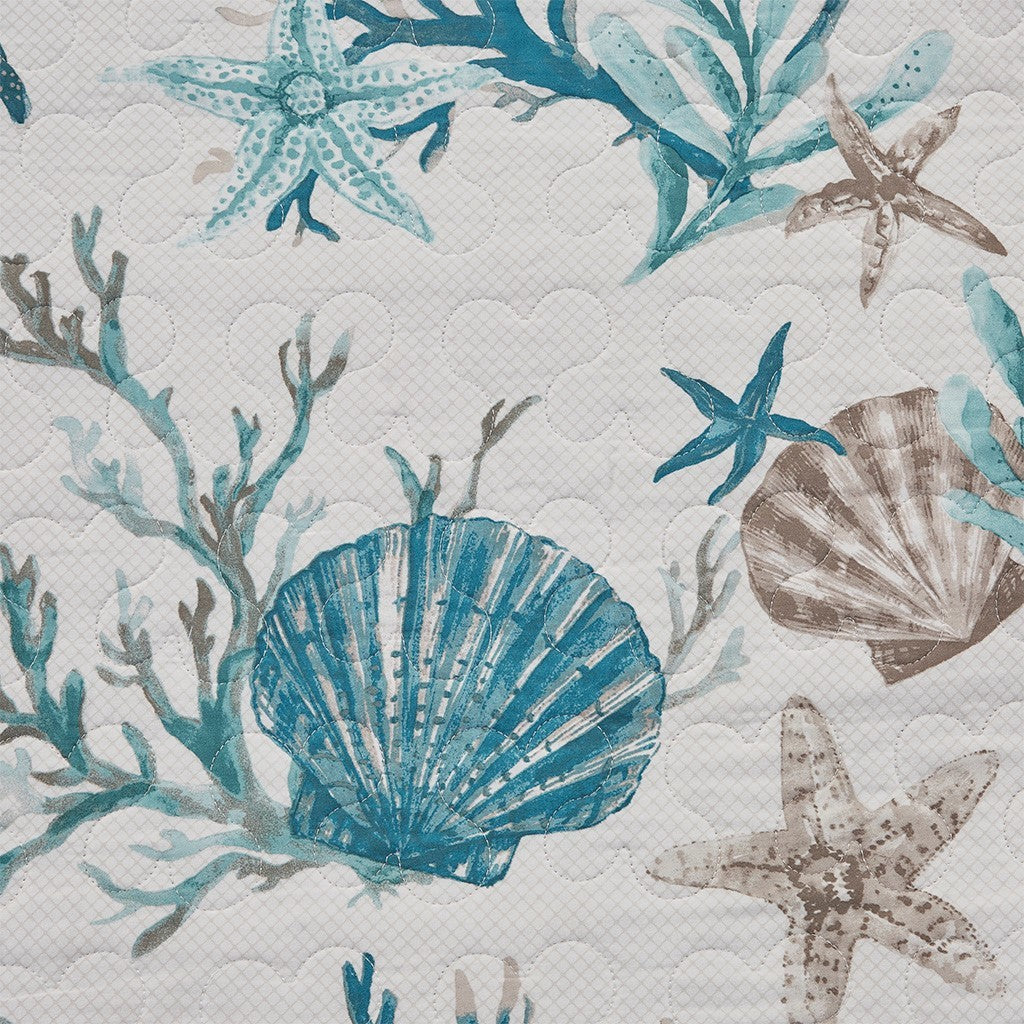 Quilt set Aqua cotton sateen with sea life print of shells and starfish on quilted backdrop on Tampa Home & Garden Store