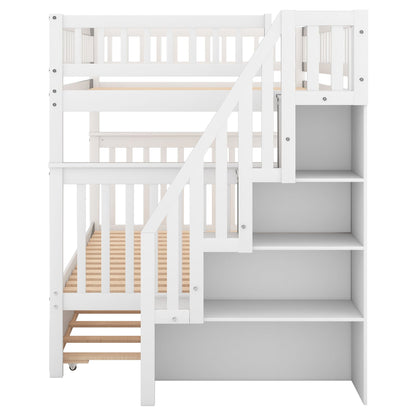 HouseOfZazla white bunk bed with staircase, upper and lower bunks, wood slat bases, modern design on Tampa Home & Garden Store