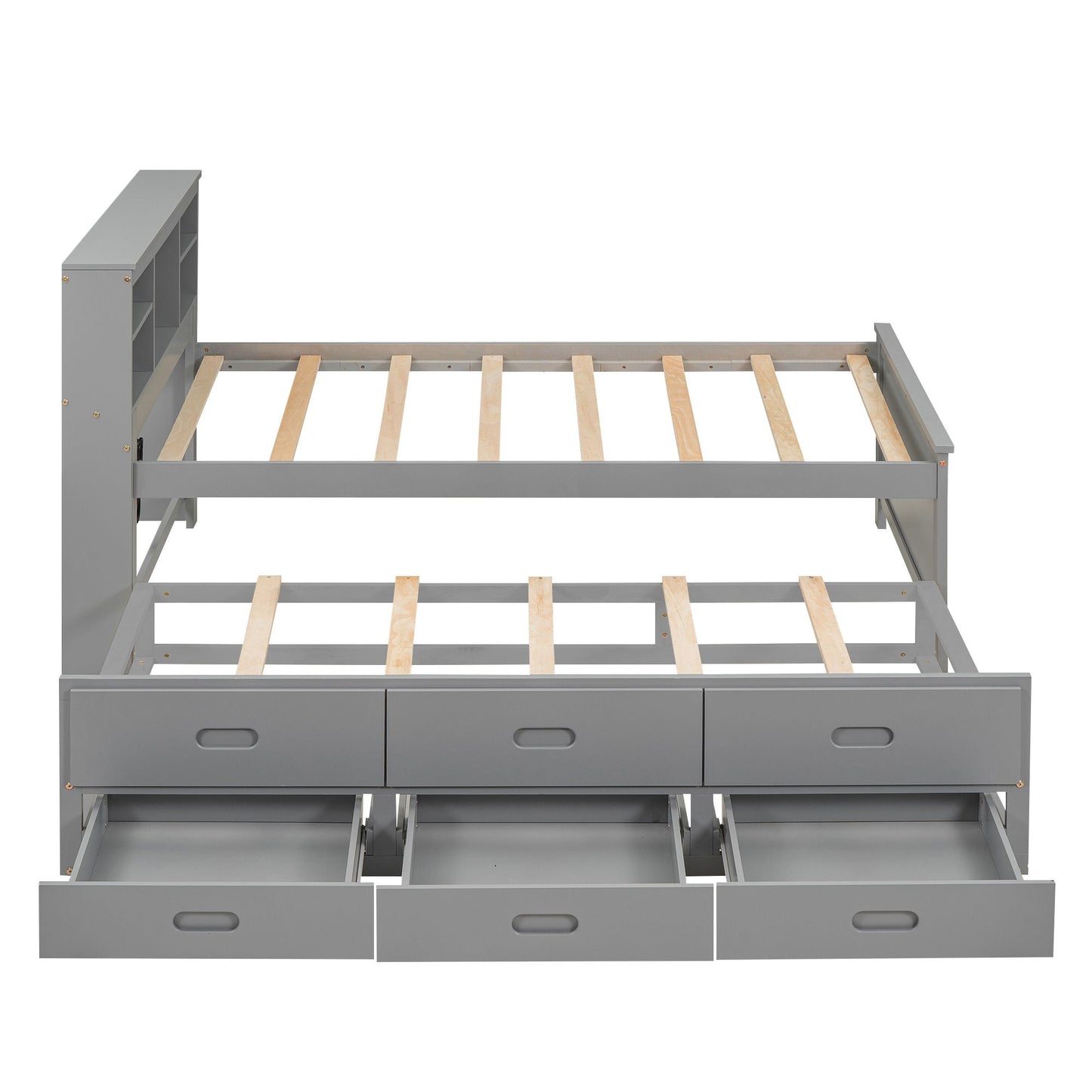 Platform bed with storage headboard and 3 drawers, gray finish, built-in shelves, frame on Tampa Home & Garden Store