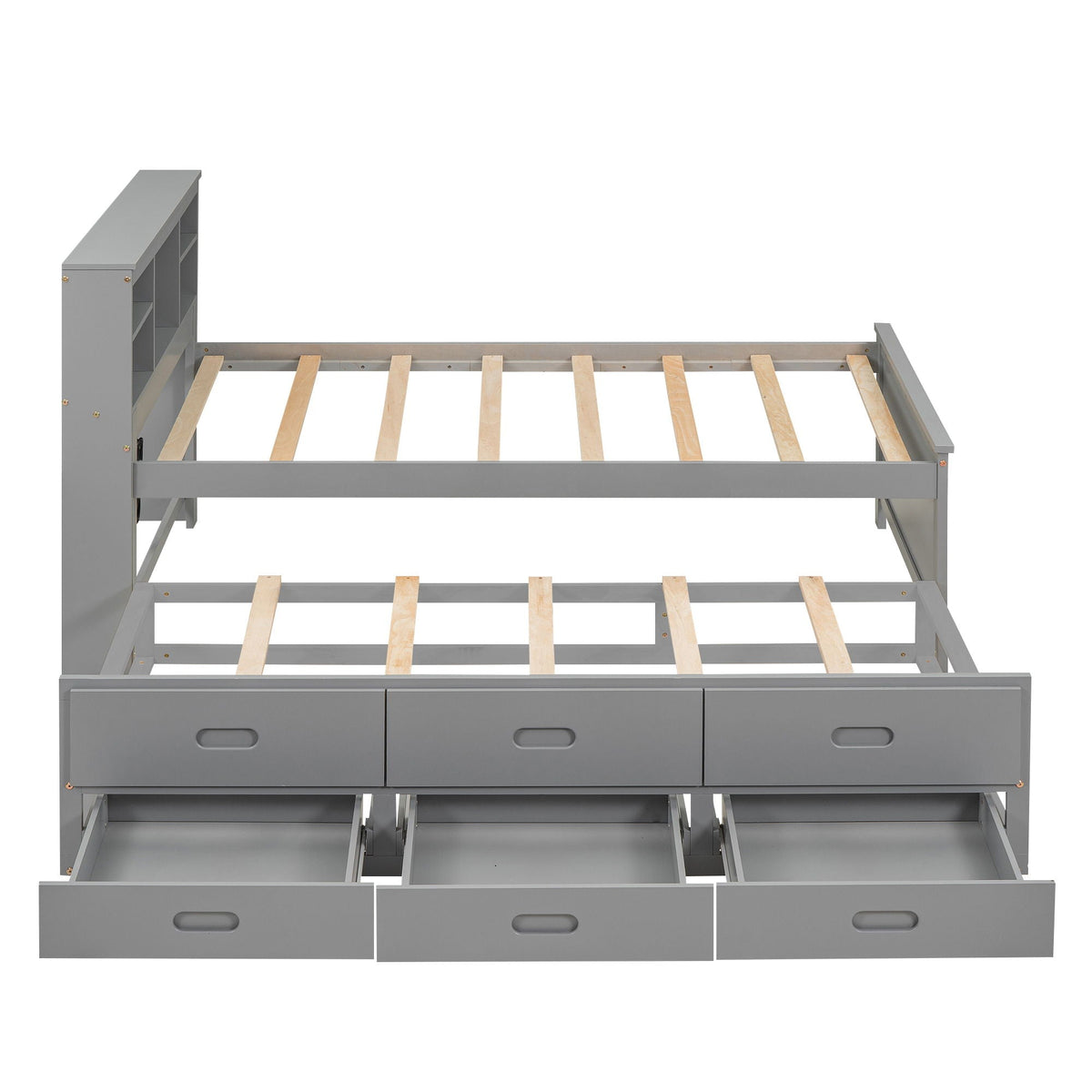Platform bed with storage headboard and 3 drawers, gray finish, built-in shelves, frame on Tampa Home & Garden Store