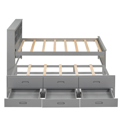 Platform bed with storage headboard and 3 drawers, gray finish, built-in shelves, frame on Tampa Home & Garden Store