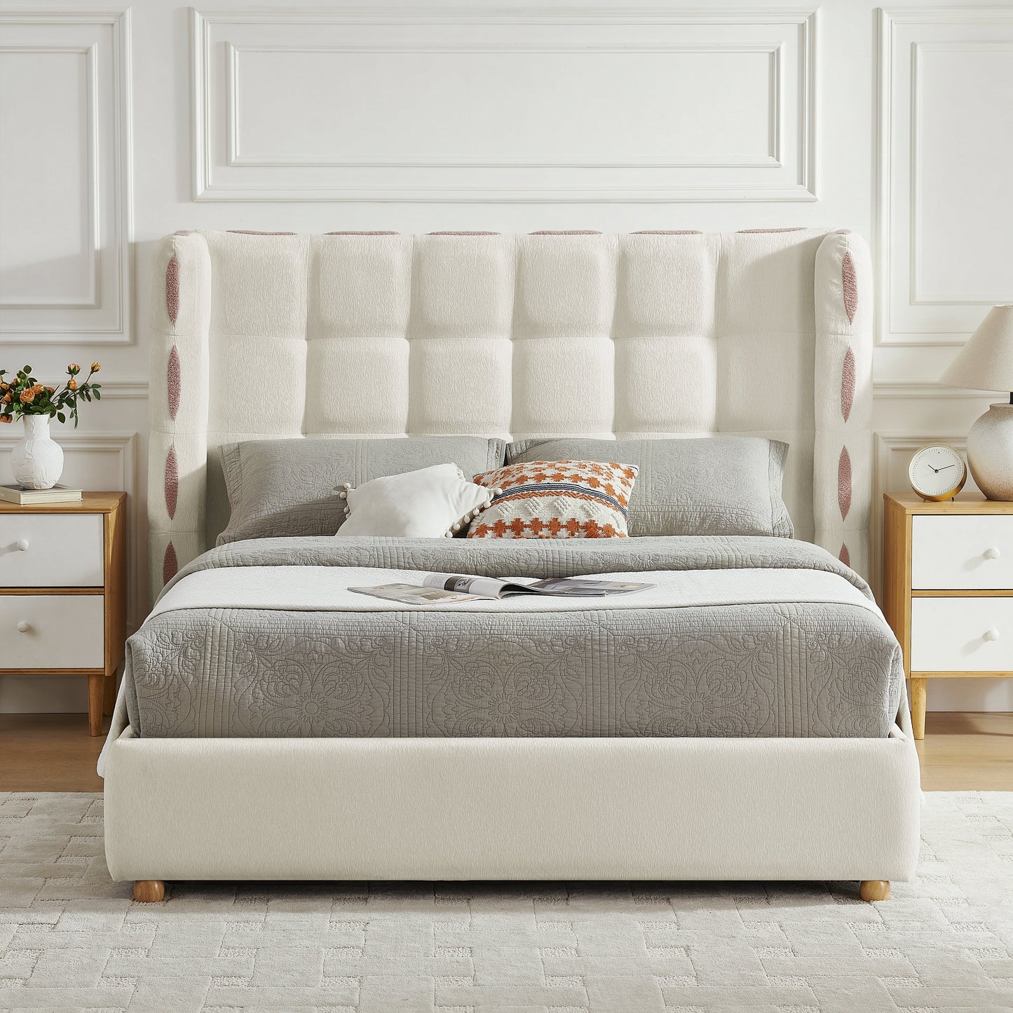Queen Size Chenille Wingback Upholstered Bed in beige with waffle quilting by HouseOfZazla on Tampa Home & Garden Store