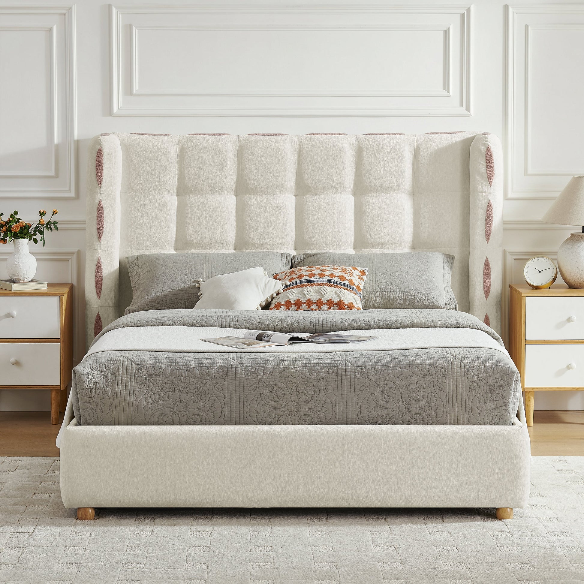 Queen Size Chenille Wingback Upholstered Bed in beige with waffle quilting by HouseOfZazla on Tampa Home & Garden Store
