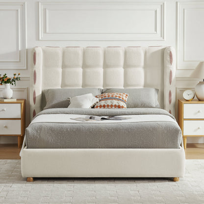 Queen Size Chenille Wingback Upholstered Bed in beige with waffle quilting by HouseOfZazla on Tampa Home & Garden Store