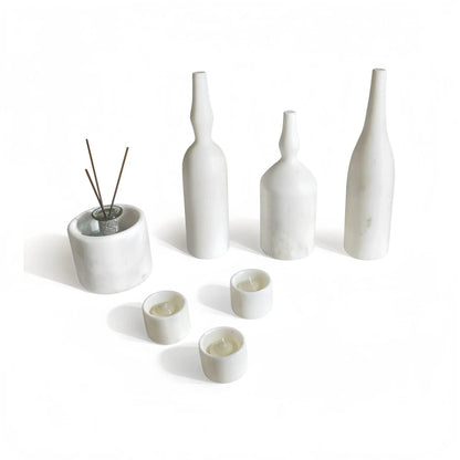 7-piece natural marble living room accessories set featuring white marble vases and candles on Tampa Home & Garden Store