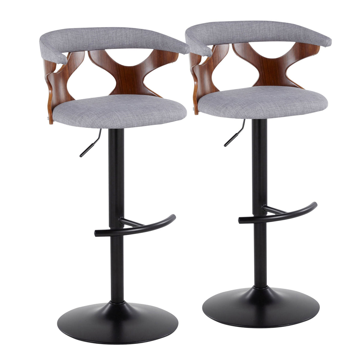Set of 2 contemporary adjustable barstools with swivel, gray fabric seats and wood backs on Tampa Home & Garden Store