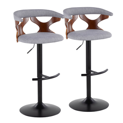 Set of 2 contemporary adjustable barstools with swivel, gray fabric seats and wood backs on Tampa Home & Garden Store