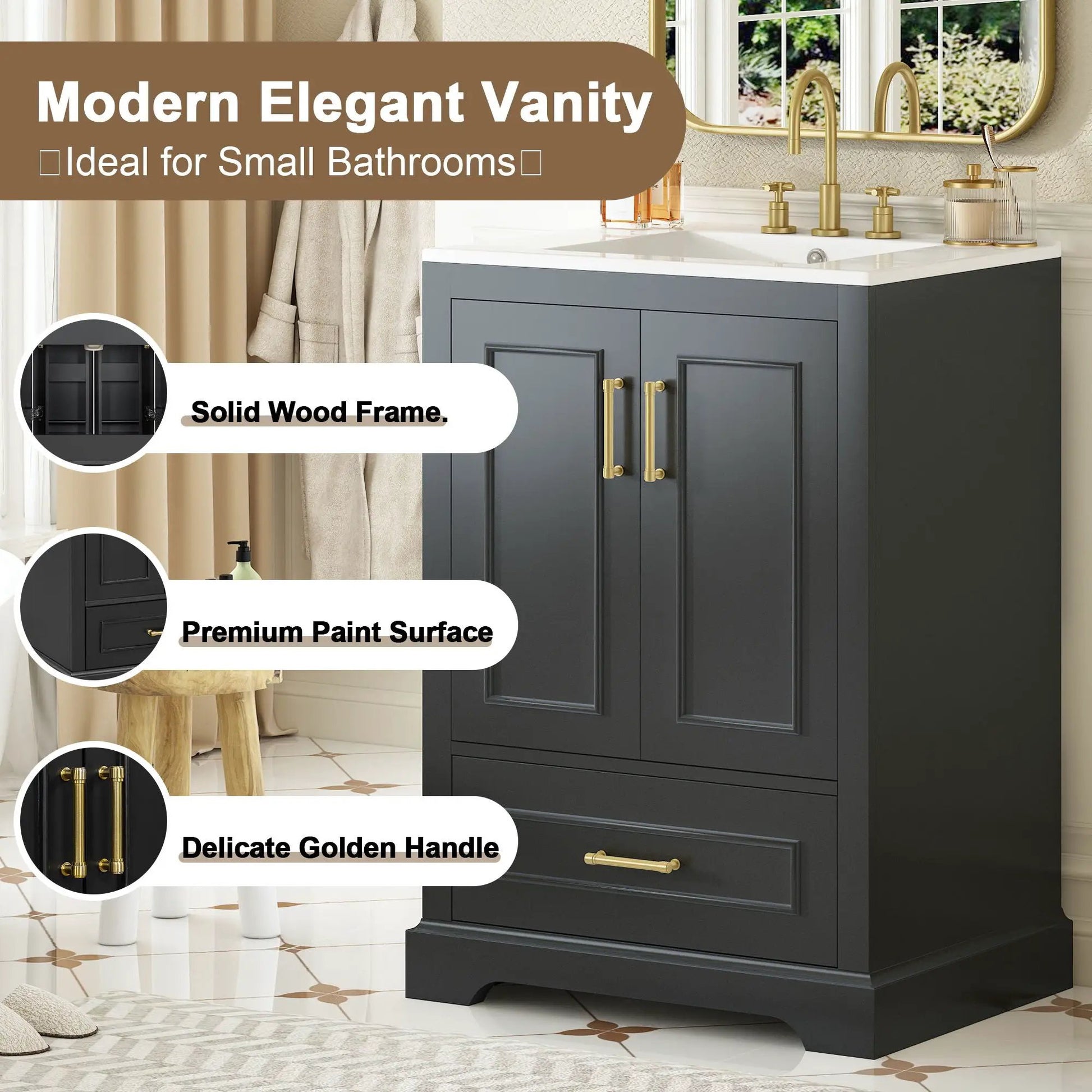 Bathroom vanity with sink in dark navy, gold hardware, 2 doors and 1 divided drawer on Tampa Home & Garden Store