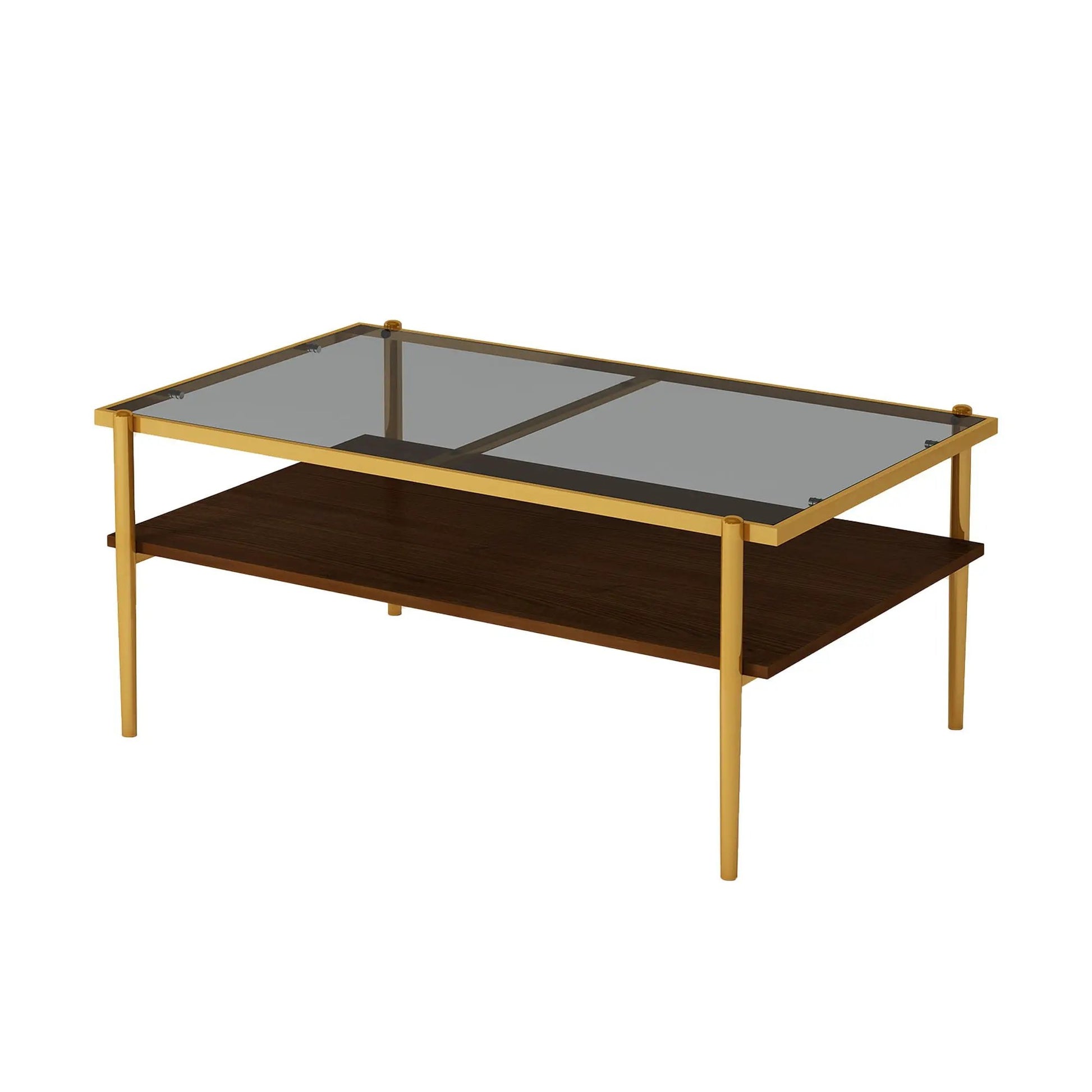 Rectangle coffee table with tempered glass top, gold metal frame, and dark wood lower shelf on Tampa Home & Garden Store