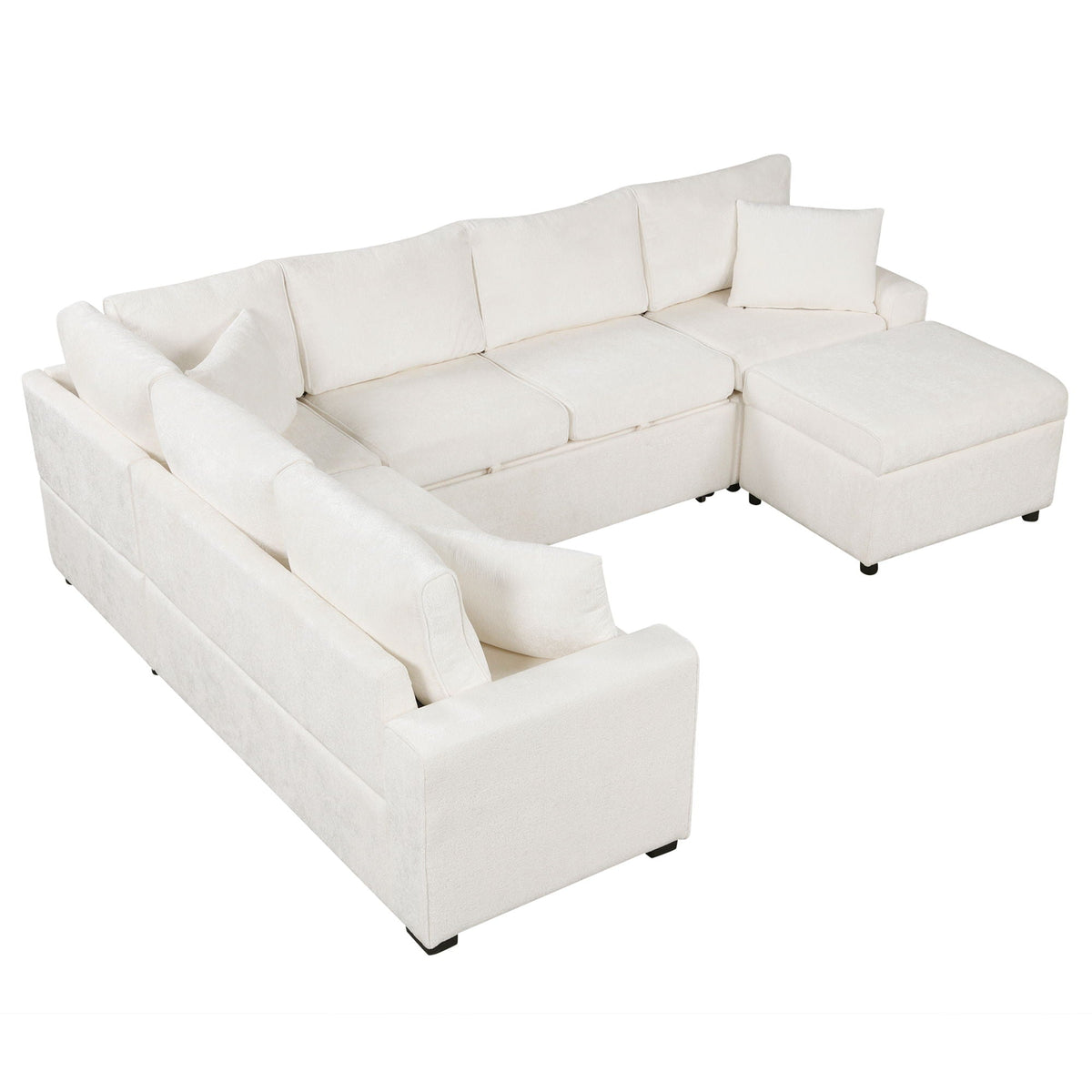 Sleeper sectional sofa with chaise and storage ottoman in ivory fabric, three pillows on Tampa Home & Garden Store