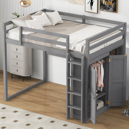 Gray loft bed with built-in wardrobe, storage shelves, and LED light on Tampa Home & Garden Store