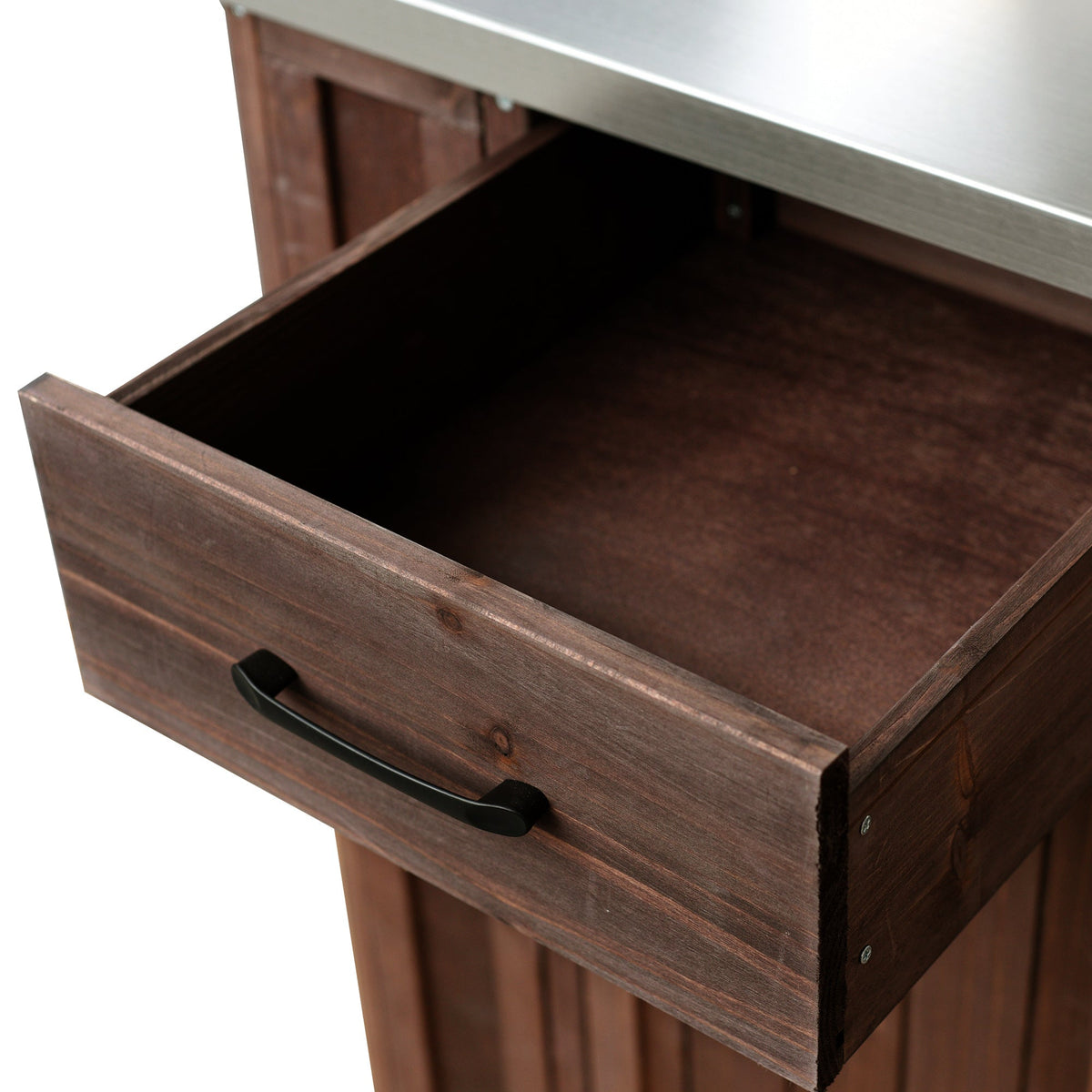 Outdoor kitchen island fir wood prep station drawer open, dark finish with black handle on Tampa Home & Garden Store