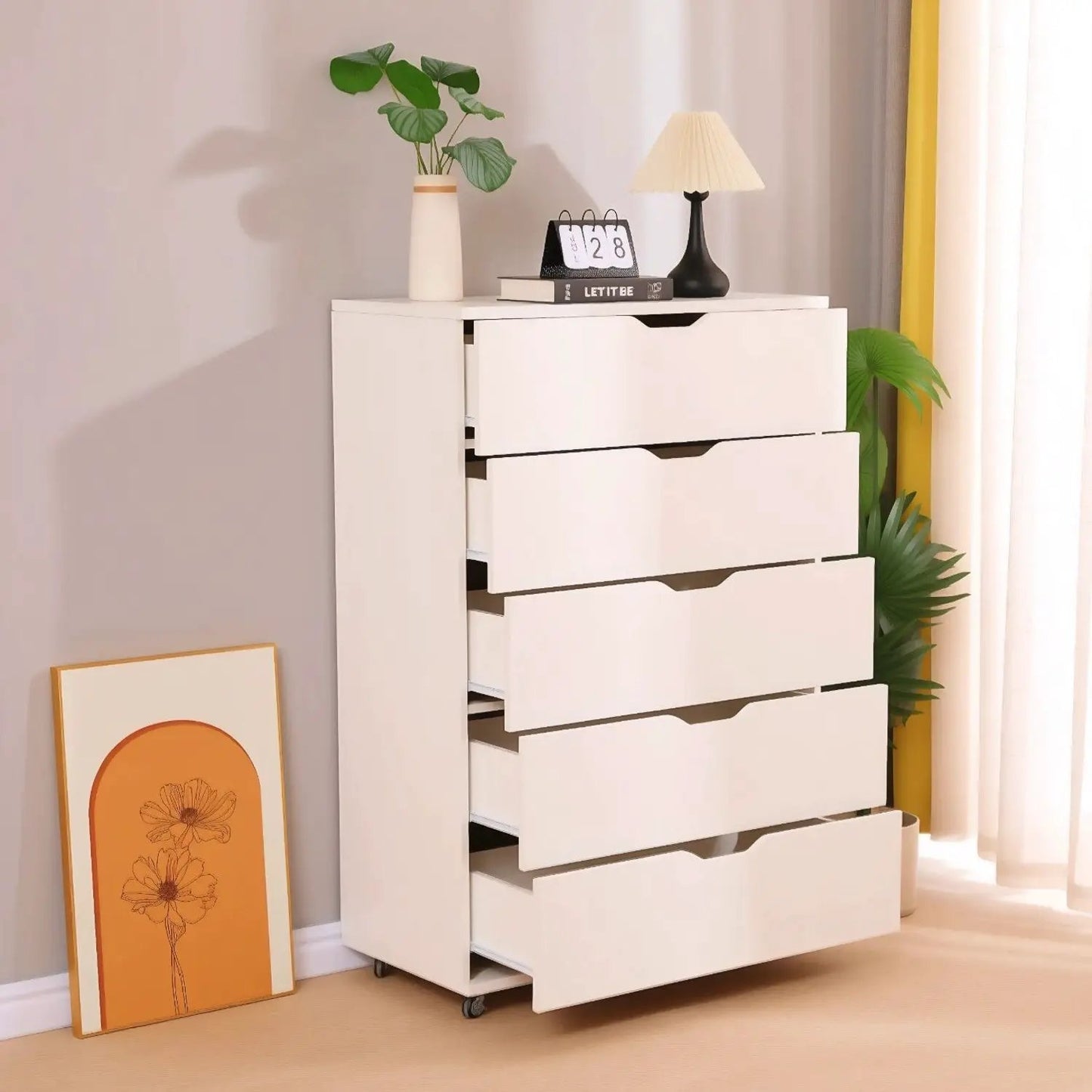 White Modern 5-Drawer Dresser on wheels by Unique Piece Furniture on Tampa Home & Garden Store