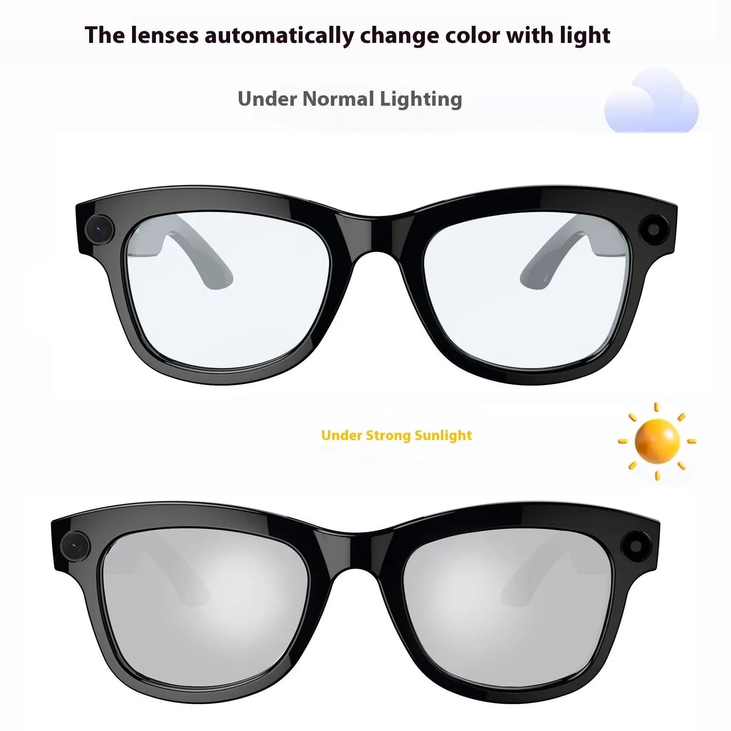 Smart glasses M01Pro, black frame, auto color-changing lenses, Bluetooth calls/music on Tampa Home & Garden Store