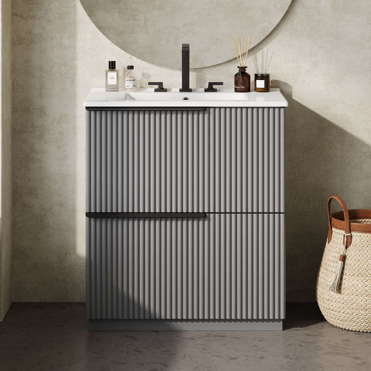 Fluted vanity with ceramic sink, grey ribbed cabinet, black matte faucet, HouseOfZazla on Tampa Home & Garden Store