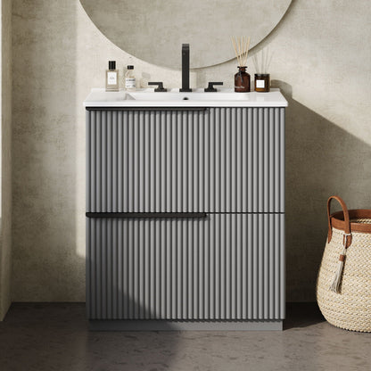 Fluted vanity with ceramic sink, grey ribbed cabinet, black matte faucet, HouseOfZazla on Tampa Home & Garden Store