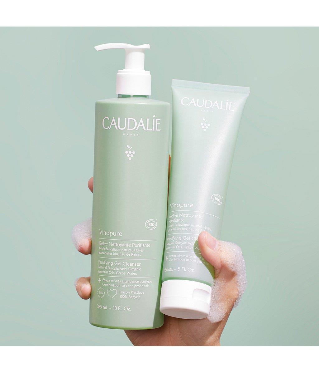 Caudalie Vinopure Purifying Cleansing Gel bottle and tube, pastel green packaging on Tampa Home & Garden Store