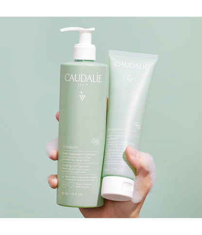 Caudalie Vinopure Purifying Cleansing Gel bottle and tube, pastel green packaging on Tampa Home & Garden Store