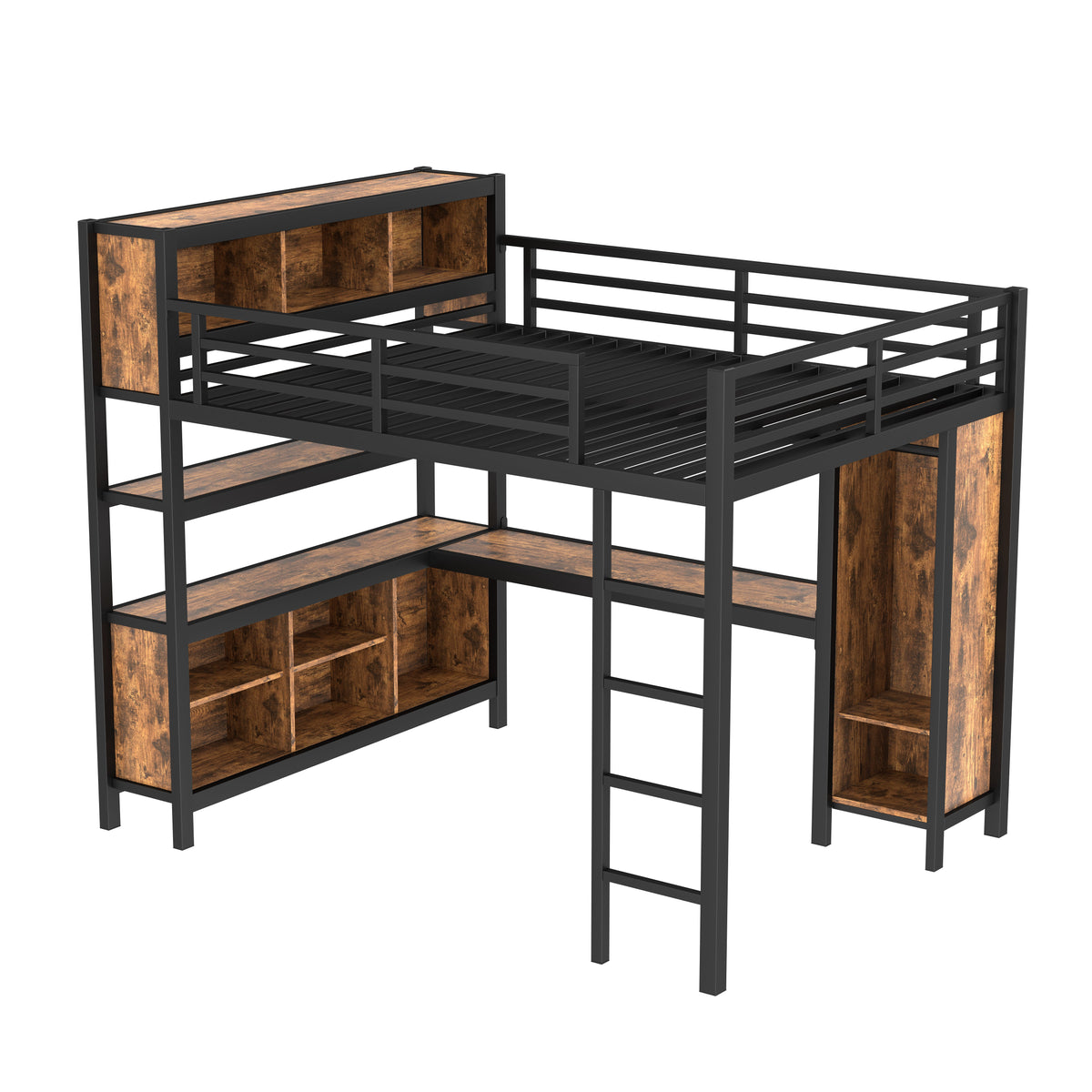 Metal loft bed with wardrobe and L-shaped desk, black frame with wood panels, HouseOfZazla on Tampa Home & Garden Store
