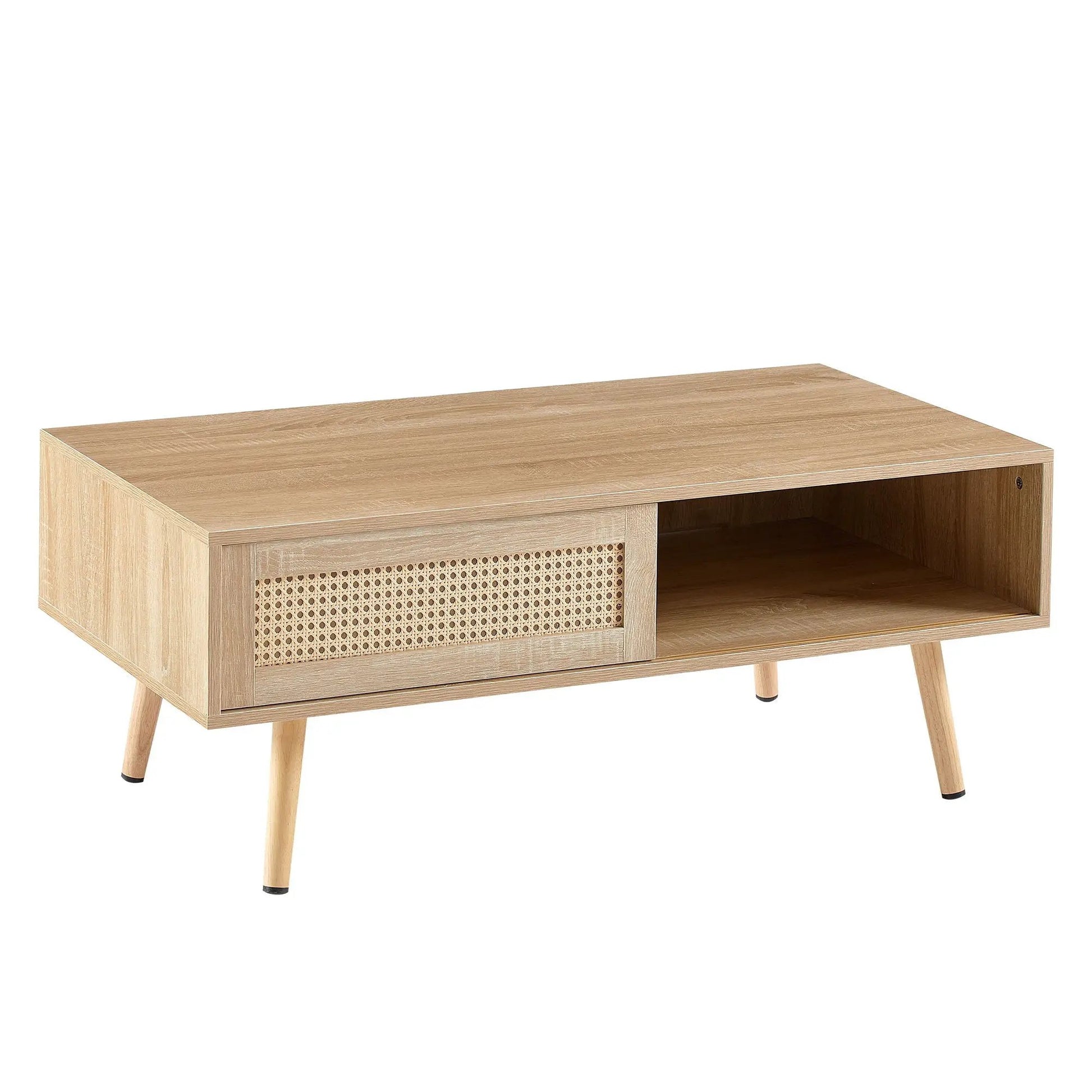 Rattan coffee table with sliding storage door, solid wood legs, light oak finish on Tampa Home & Garden Store