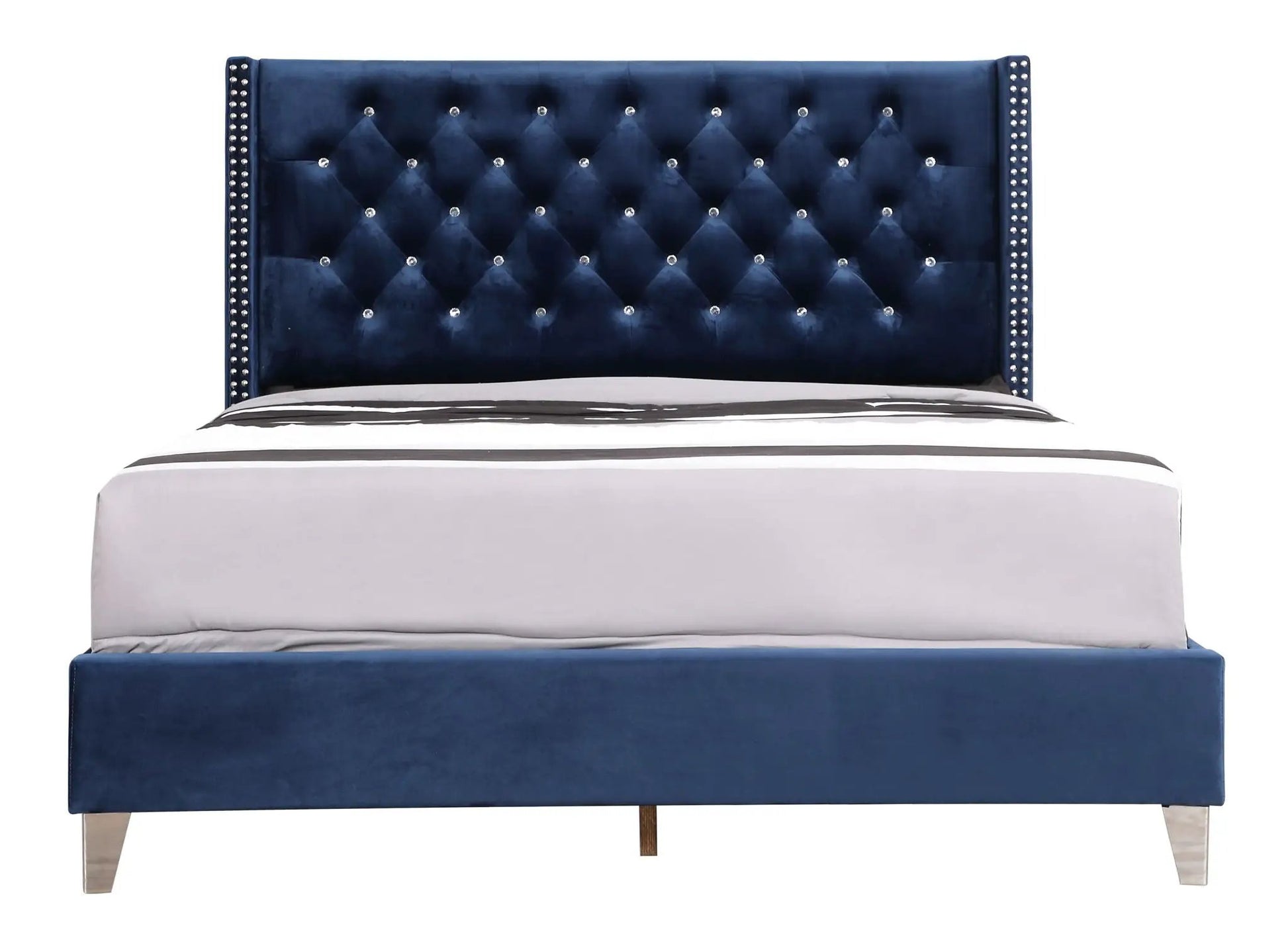 Upholstered Nailhead Trim Chic Bed navy velvet headboard with diamond tufting and studded sides on Tampa Home & Garden Store
