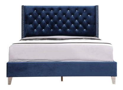 Upholstered Nailhead Trim Chic Bed navy velvet headboard with diamond tufting and studded sides on Tampa Home & Garden Store