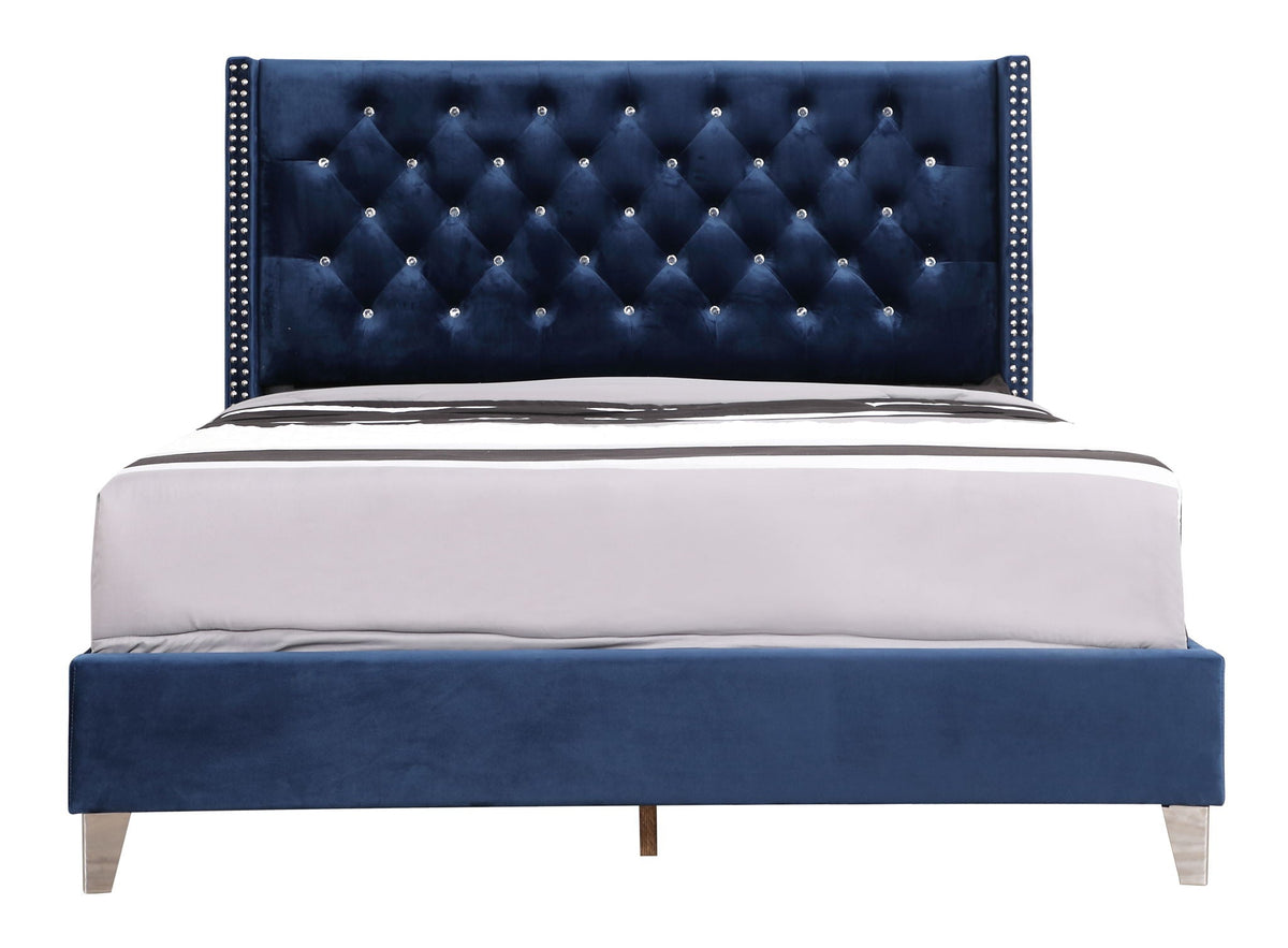 Upholstered Nailhead Trim Chic Bed navy velvet with diamond tufting and crystal buttons on Tampa Home & Garden Store