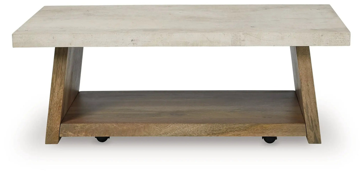 Rectangular cocktail table with concrete top, angled wood legs, and lower shelf on casters on Tampa Home & Garden Store