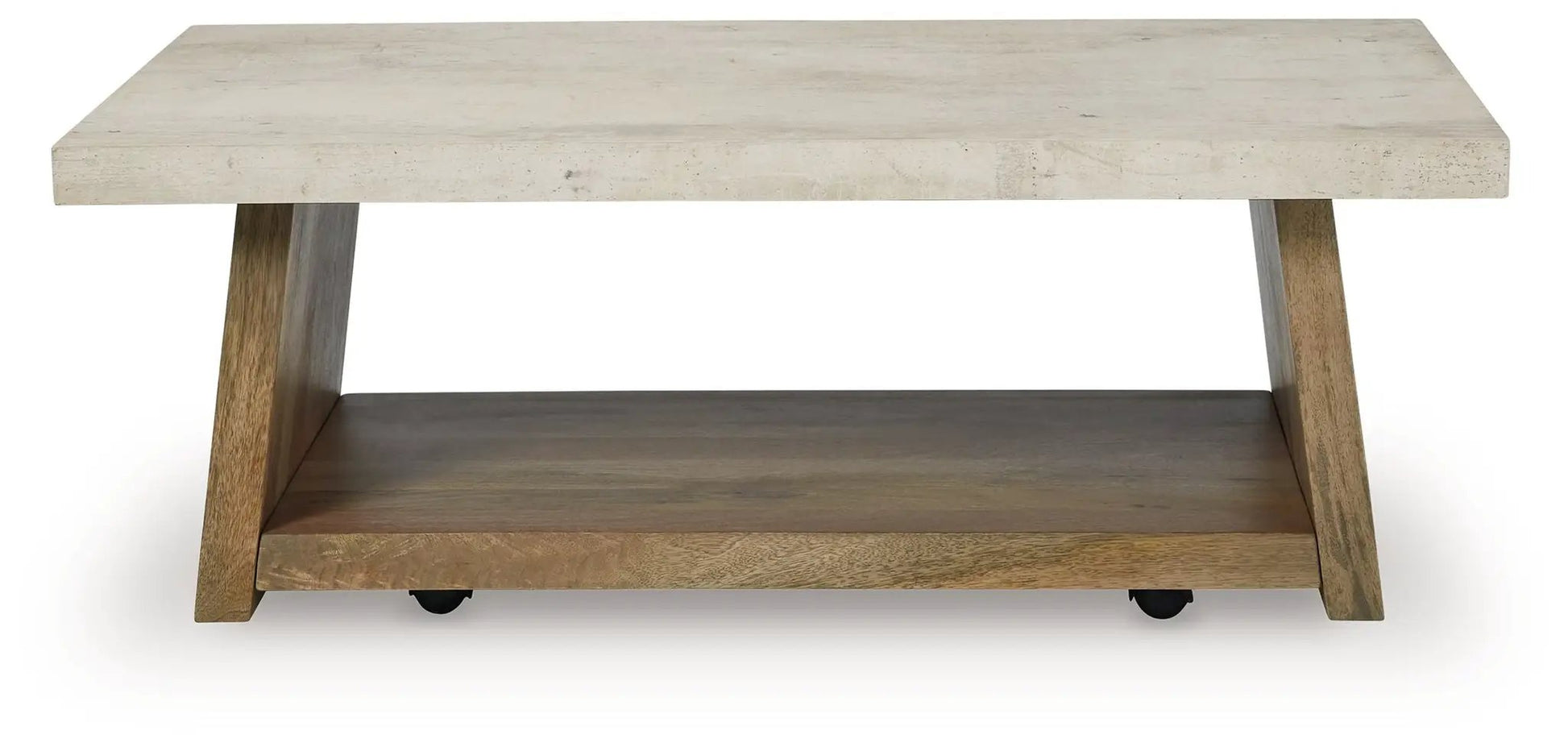 Rectangular cocktail table with concrete top, angled wood legs, and lower shelf on casters on Tampa Home & Garden Store