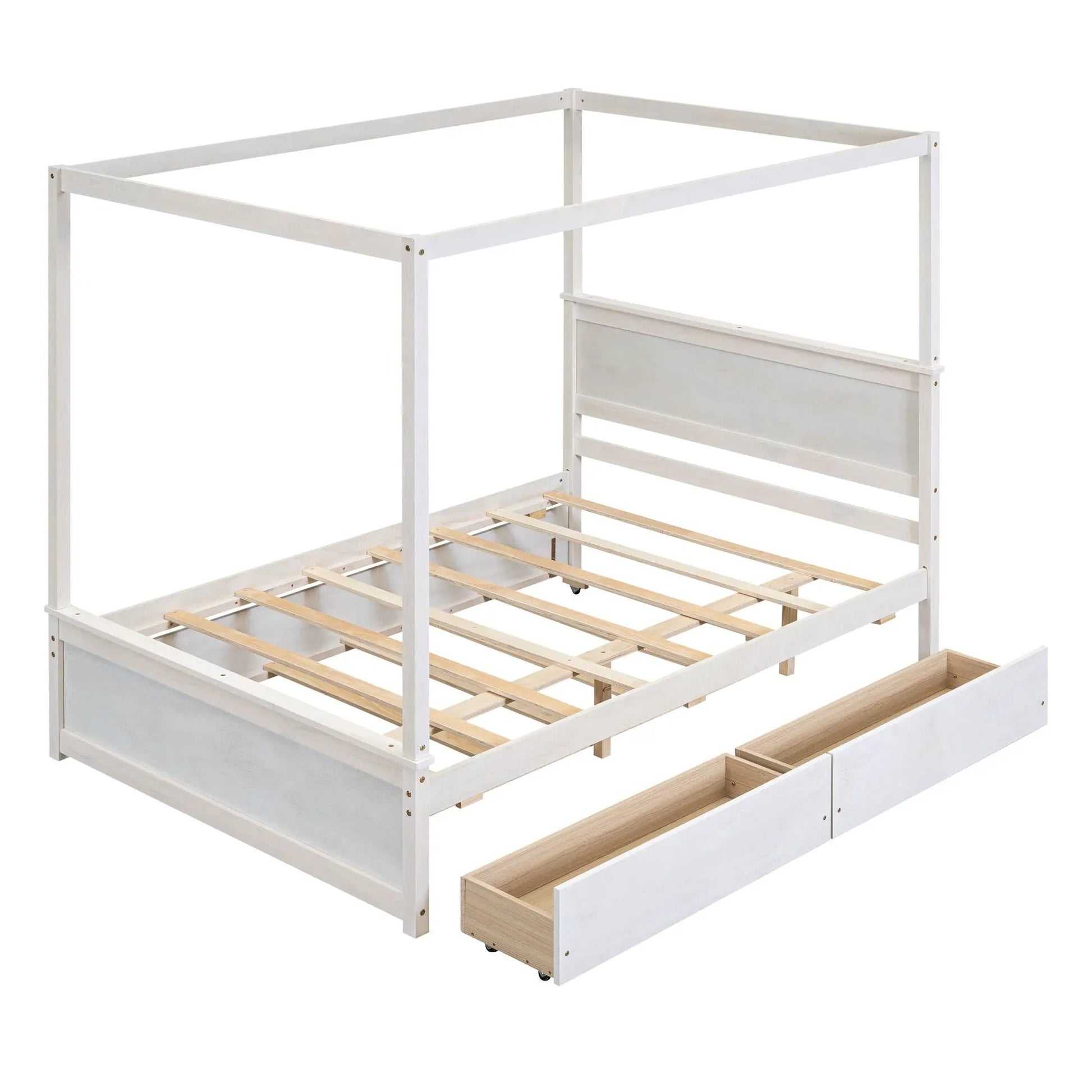 Canopy bed frame with drawers, slatted platform, whitewash finish, no box spring needed on Tampa Home & Garden Store